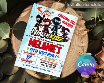 Invitation électronique, modèle d’invitation d’anniversaire Ninja, invitation d’anniversaire imprimable, invitation modifiable Ninja kidz, invitation d’anniversaire de fille garçon