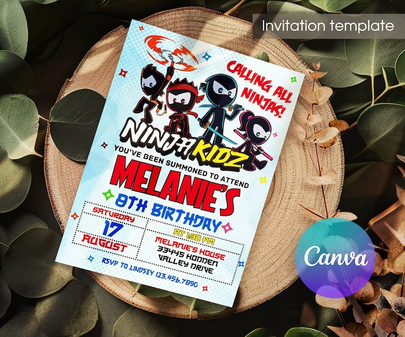 Electronic invite, Ninja Birthday Invite template, Printable birthday invitation, Ninja kidz editable Invite, Boy Girl Birthday Invitation image 1