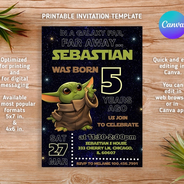 Star wars invitation, Baby yoda Birthday Invite, grogu invitation, Instant Download, Birthday Invite template