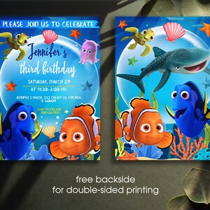 May include: A blue and orange birthday invitation featuring a cartoon image of Dory and Nemo from the film Finding Nemo. The invitation is for Jennifer's third birthday party and includes the date, time, and location of the party. RSVP information is also provided.