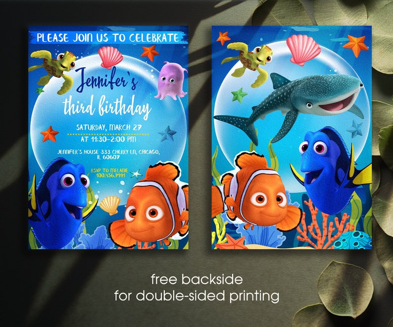 May include: A blue and orange birthday invitation featuring a cartoon image of Dory and Nemo from the film Finding Nemo. The invitation is for Jennifer's third birthday party and includes the date, time, and location of the party. RSVP information is also provided.