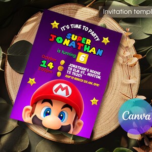 Mario invitation, Printable birthday invite, editable invitation, girl birthday, mario bros party, video game invitation, super template