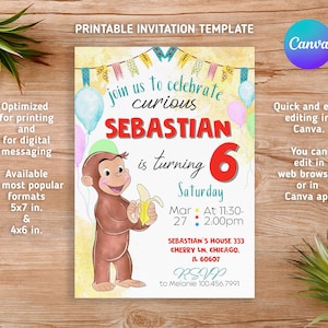 Curious George birthday invitation, monkey invite, ape invitation, Curious George party, boy 1st birthday, printable editable template