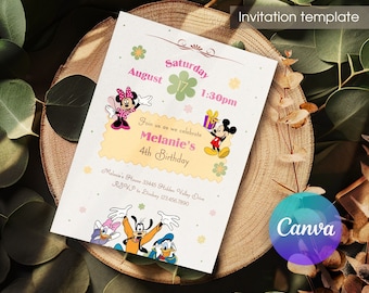 May include: A colorful invitation for a 4th birthday party featuring Mickey Mouse and Minnie Mouse characters. The invitation includes the text "Join us as we celebrate Melanie's 4th Birthday" and the date and time of the party.