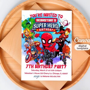 May include: A colourful invitation for a 7th birthday party with a superhero theme. The invitation features a variety of superheroes, including Spiderman, Iron Man, Captain America, and Black Widow. The text on the invitation reads "You're invited to Sebastian's Super Hero Birthday 7th Birthday Party Saturday, March 27 at 11:30-2:00pm Sebastian's House 333 Cherry Ln, Chicago, IL 60607 rsvp to Melanie 100.456.7991".