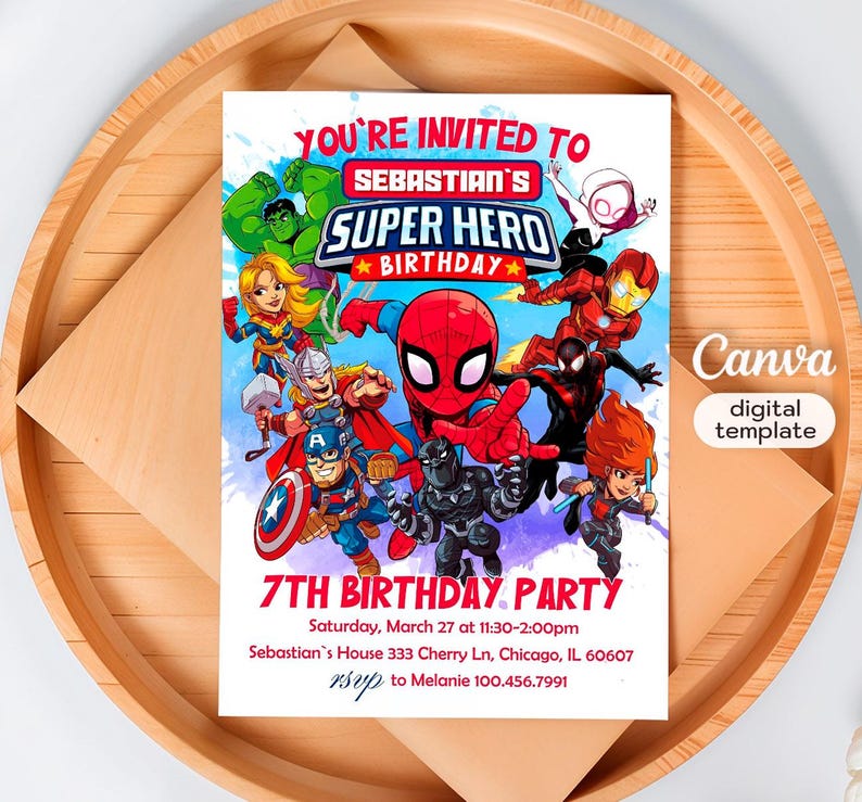 May include: A colourful invitation for a 7th birthday party with a superhero theme. The invitation features a variety of superheroes, including Spiderman, Iron Man, Captain America, and Black Widow. The text on the invitation reads "You're invited to Sebastian's Super Hero Birthday 7th Birthday Party Saturday, March 27 at 11:30-2:00pm Sebastian's House 333 Cherry Ln, Chicago, IL 60607 rsvp to Melanie 100.456.7991".