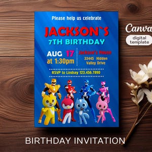 May include: A blue birthday invitation with a picture of cartoon characters. The invitation is for Jackson's 7th birthday party on August 17th at 1:30pm at Jackson's House. The address is 33445 Hidden Valley Drive. RSVP to Lindsey at 123.456.7890.
