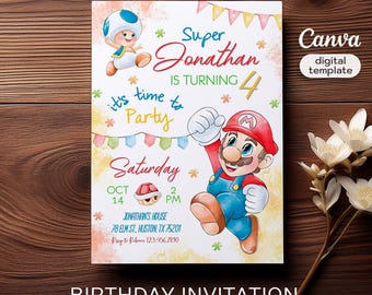 Invito di Mario, invito di compleanno stampabile, invito modificabile, compleanno di una ragazza, festa di Mario Bros, invito per videogiochi, super modello