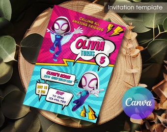 グウェンの誕生日の招待状、スパイダーバースの女の子の誕生日の招待状、編集可能なゴースト スパイダーの招待状、スパイダー グウェン パーティー、女の子のスパイダーマンの誕生日