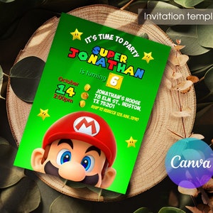 Mario uitnodiging, afdrukbare verjaardagsuitnodiging, bewerkbare uitnodiging, meisjesverjaardag, Mario Bros-feest, videogameuitnodiging, supersjabloon