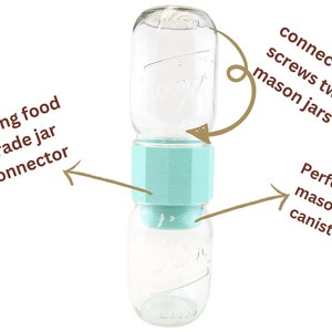 May include: A clear glass mason jar canister with a turquoise lid is connected to two other mason jars with a turquoise connector. The connector has screws that attach the jars together.