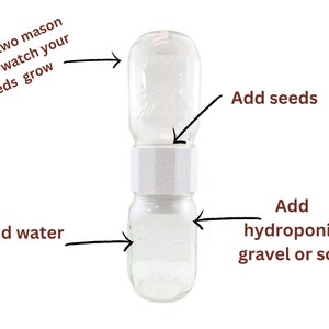 Könnte beinhalten: Zwei durchsichtige Glas-Einmachgläser, die mit einem weißen Ring verbunden sind. Das obere Glas enthält Samen und das untere Glas Wasser und weißen Kies. Der Text "connect two mason jars and watch your seeds grow" steht über den Gläsern. Der Text "Add seeds" steht über dem oberen Glas. Der Text "Add water" steht links neben dem unteren Glas. Der Text "Add hydroponic gravel or soil" steht rechts neben dem unteren Glas.