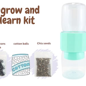 Puede incluir: Un recipiente de plástico transparente con una tapa verde claro y una banda verde claro alrededor del medio. El recipiente está etiquetado como "Ugrow and learn kit". Hay tres pequeñas bolsas de semillas: frijoles negros, bolas de algodón y semillas de chía.