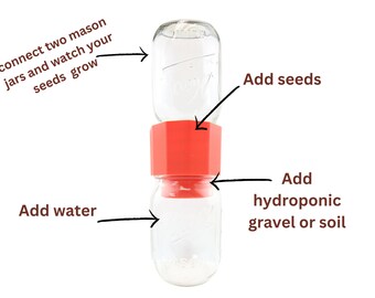 Op de afbeelding: Twee heldere glazen potten verbonden met een rode plastic connector. De bovenste pot heeft water erin en de onderste pot heeft een laag grind of aarde. De tekst 'connect two mason jars and watch your seeds grow' staat boven de potten. De tekst 'Add seeds' staat boven de bovenste pot. De tekst 'Add water' staat links van de onderste pot. De tekst 'Add hydroponic gravel or soil' staat rechts van de onderste pot.
