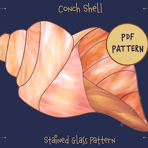 May include: A stained glass pattern for a conch shell. The pattern is in shades of orange, pink, and yellow. The pattern is labeled "Conch Shell" and "PDF PATTERN".
