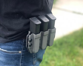 LEO-stijl drievoudige magazijndrager voor 9 mm/10 mm S&W dubbel gestapelde magazijnen- Verstelbare retentie-Tek Lok-riemklem- Meerdere patroon- en kleuropties