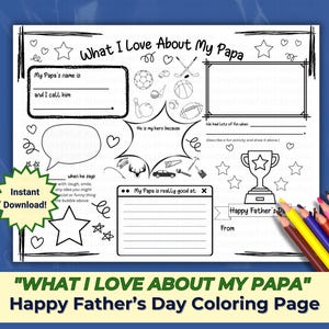 Ce que j'aime chez mon père | Activité de fête des pères pour papa | Du petit-enfant | Tout sur mon père | Cadeau de dernière minute pour papa, papa à imprimer