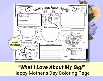 What I Love About My Gigi | Mother&#39;s Day Coloring Activity for Gigi | Card for Gigi | All About My Gigi | Last Minute Gift for Gigi |