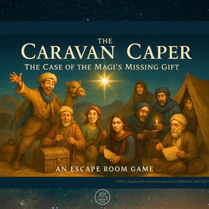 Puede incluir: Una caja de juego ilustrada titulada "The Caravan Caper: The Case of the Magi's Missing Gift". La imagen muestra un grupo de personas, un camello y una tienda de campaña, con el texto "An Escape Room Game."