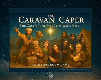 May include: An illustrated game box titled "The Caravan Caper: The Case of the Magi's Missing Gift." The image depicts a group of people, a camel, and a tent, with text that reads "An Escape Room Game."