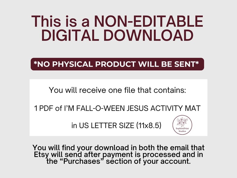 K&ouml;nnte beinhalten: Ein digitaler Download-Grafik mit dem Text "This is a NON-EDITABLE DIGITAL DOWNLOAD" in Burgunderrot. Der Text "*NO PHYSICAL PRODUCT WILL BE SENT*" ist ebenfalls in Burgunderrot. Der Download enth&auml;lt eine PDF-Datei eines Aktivit&auml;tsmatten, US Letter-Gr&ouml;&szlig;e (27,9 x 21,6 cm).