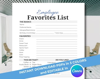 Employee Favorites List | Team Building | Favorite Things List | Editable Office Game | Work Games | Office Party Games | Getting to Know Me