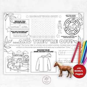 May include: A black and white race day activity sheet with a word search, maze, and drawing activities. Includes a toy horse and colorful crayons. Text includes "Race Day Word Hunt" and "And They're Off!"