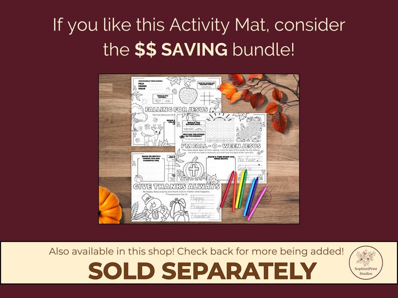 K&ouml;nnte beinhalten: Aktivit&auml;tsmatte mit Schwarz-Wei&szlig;-Illustrationen und Text, darunter "Falling for Jesus" und "Give Thanks Always". Farbstifte sind auf einer Holzoberfl&auml;che angeordnet. Der Text "If you like this Activity Mat, consider the $$ SAVING bundle!" steht oben.
