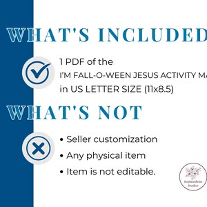 K&ouml;nnte beinhalten: Beschreibung eines digitalen Produkts mit blauem und wei&szlig;em Design. Der Text lautet &bdquo;WAS ENTHALTEN IST&ldquo; und listet ein PDF des &bdquo;I'M FALL-O-WEEN JESUS ACTIVITY MAT&ldquo; im US Letter-Format (27,9 x 21,6 cm) auf. &bdquo;WAS NICHT ENTHALTEN IST&ldquo; listet die Anpassung durch den Verk&auml;ufer, physische Artikel und die Bearbeitbarkeit auf.