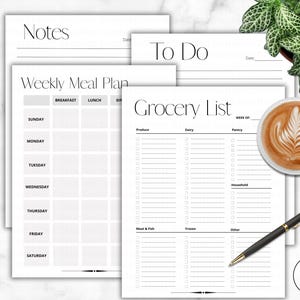 May include: A selection of white paper planner sheets with black text, including a weekly meal plan, grocery list, and to-do list. A cup of coffee and a pen are also visible. The text includes "Notes", "To Do", "Weekly Meal Plan", and "Grocery List".
