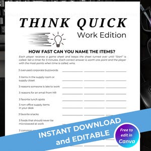 Think Quick Work Game | Team Building Games | Editable Office Games | Staff Meeting Game | Office Party Game | Office Icebreaker | Work Game