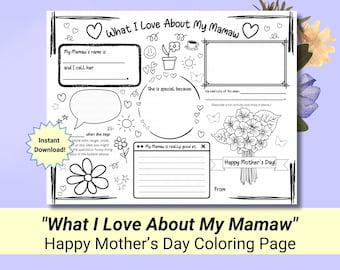What I Love About My Mamaw | Mother&#39;s Day Coloring Activity for Mamaw | I Love My Mamaw | All About My Mamaw | Last Minute Gift for Mamaw
