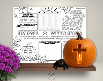 Falloween Jesus Activity Mat, Christian Coloring Page for Children, Bible Story Placemat, Activity Placemat, Homeschool Worksheet Games