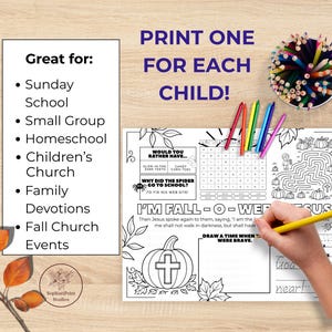K&ouml;nnte beinhalten: Schwarz-wei&szlig;-Aktivit&auml;tsblatt mit dem Text "I'M FALL-O-WEEN JESUS" und einer K&uuml;rbisgrafik. Das Blatt enth&auml;lt ein Labyrinth, eine Wortsuche und Ausf&uuml;llabschnitte. Der Text "PRINT ONE FOR EACH CHILD!" steht oben.