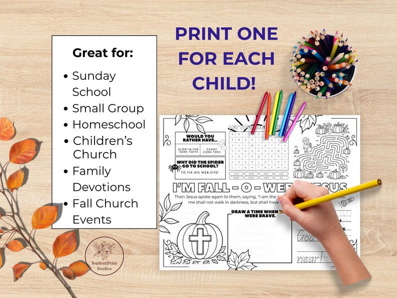 K&ouml;nnte beinhalten: Schwarz-wei&szlig;-Aktivit&auml;tsblatt mit dem Text "I'M FALL-O-WEEN JESUS" und einer K&uuml;rbisgrafik. Das Blatt enth&auml;lt ein Labyrinth, eine Wortsuche und Ausf&uuml;llabschnitte. Der Text "PRINT ONE FOR EACH CHILD!" steht oben.