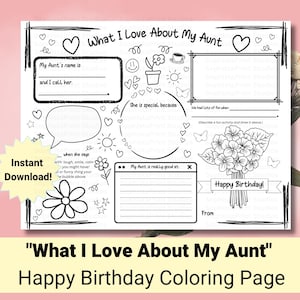 Carte d'anniversaire pour tante, Ce que j'aime chez ma tante, Tout sur ma tante, Cadeau d'anniversaire de tante, Cadeau d'une nièce neveu, Coloriage pour tante, Tante Bday