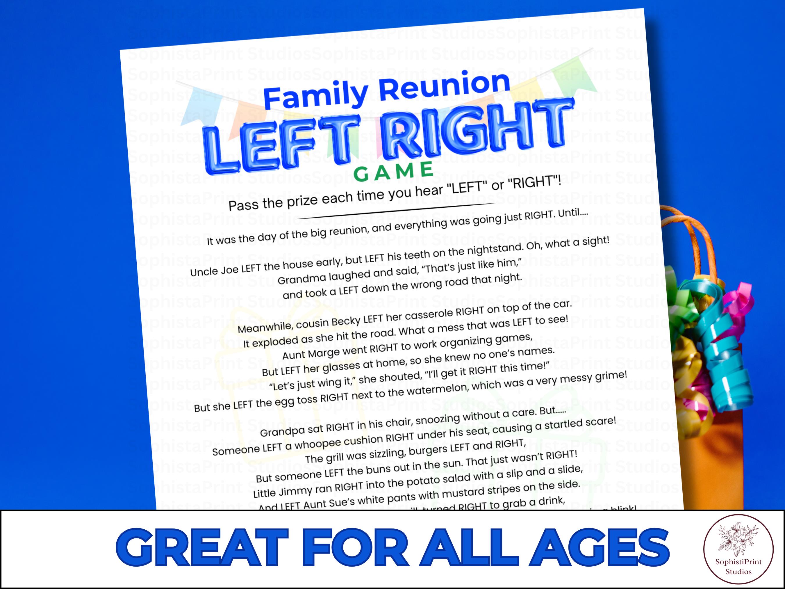 Jogo de reunião de família esquerda direita, quebra-gelo de reunião de família, passe o prêmio de reunião de família, diversão de reunião de família, atividade de festa de reunião de família
