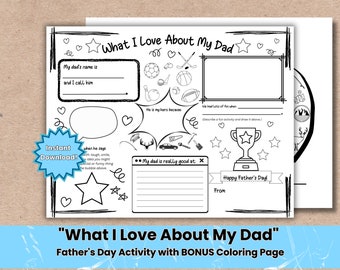 What I Love About My Dad | Fun Questionairre from child | Fathers Day Card from kid | Coloring Page for Dad | Last Minute gift Father&#39;s Day