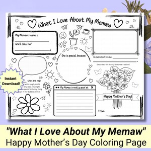 What I Love About My Memaw | Mother&#39;s Day Coloring for Memaw  | Mothers Day Card for Memaw | All About My Memaw | Last Minute Gift for Memaw