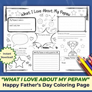 Lo que me encanta de mi tarjeta Pepaw, Tarjeta del Día del Padre para Pepaw, De un nieto, Todo sobre Pepaw, Regalo de última hora para Pepaw, Dibujos para colorear para Pepaw Gifted
