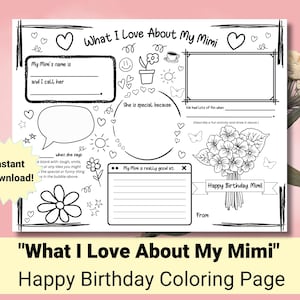 Birthday Card for Mimi | Happy Birthday Mimi Coloring Page | What I Love About Mimi | Mimi Gift | All about my Mimi | Gift from grandkids