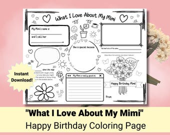 Birthday Card for Mimi | Happy Birthday Mimi Coloring Page | What I Love About Mimi | Mimi Gift | All about my Mimi | Gift from grandkids
