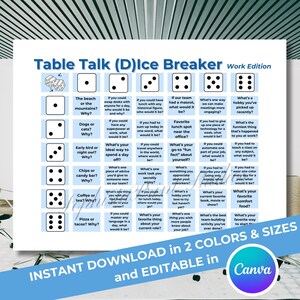 Op de afbeelding: Een wit en blauw printbaar "Table Talk (D)Ice Breaker" spel voor werk, met dobbelstenen en vragen. Het spel is beschikbaar in twee kleuren en maten en is bewerkbaar in Canva. Het spel is ontworpen om teambuilding te faciliteren.