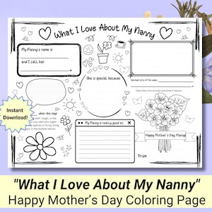Ce que j'aime chez ma nounou | Activité de coloriage pour nounou pour la Fête des Mères | carte pour nounou | Tout sur ma nounou | Cadeau de dernière minute pour nounou
