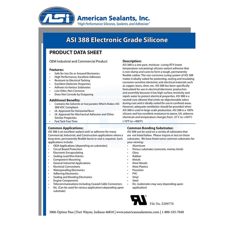 ASI 388 Clear Electronic Grade Silicone - 2.8 Oz Squeeze Tube and 10.2 ...