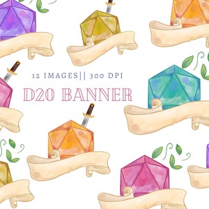 DnD d20 aquarel banner clipart, GoodNotes compatibel