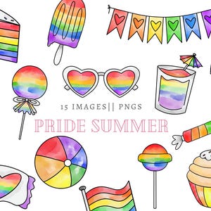 Pride Summer PNG Set, Watercolor hand drawn clipart, LGBTQIA+ rainbow PNGs