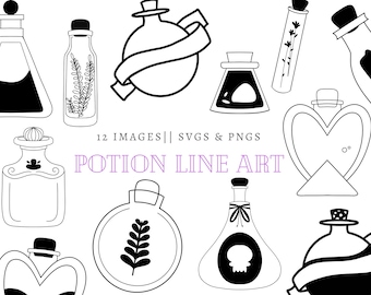 Peut inclure: Un ensemble de 12 illustrations en noir et blanc de flacons de potion. Les flacons sont de formes et de tailles variées, notamment rondes, carrées, en forme de cœur et avec un motif de crâne. Le texte "12 IMAGES | SVGS & PNGS POTION LINE ART" est inclus dans l'image.
