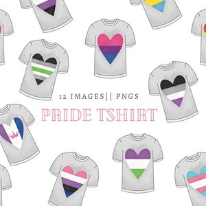 Puede incluir: Doce ilustraciones digitales de camisetas de orgullo con diferentes diseños de corazón de bandera del orgullo. El texto "12 IMAGES | PNGS" y "PRIDE TSHIRT" se muestra en el centro de la imagen.