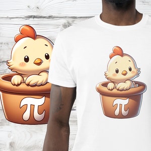 May include: A white t-shirt with a cartoon illustration of a yellow chick in a brown pot with the symbol pi printed on the front.